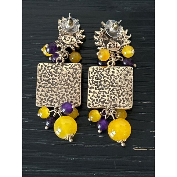 Celestial Sun & Moon Statement Pierced Earrings Yellow & Purple Glass Beads Boho - Picture 4 of 6